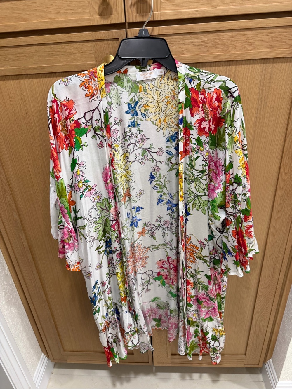 Floral Open-Front Kimono Cardigan - White with Multicolor Floral Print